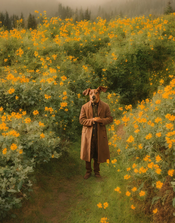 Dog in Human-like Outfit Standing in Field of Yellow Flowers