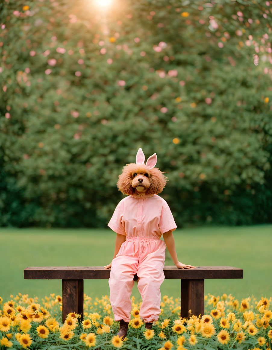 Person in Pink Outfit with Lion Mask and Bunny Ears Surrounded by Sunflowers on Bench