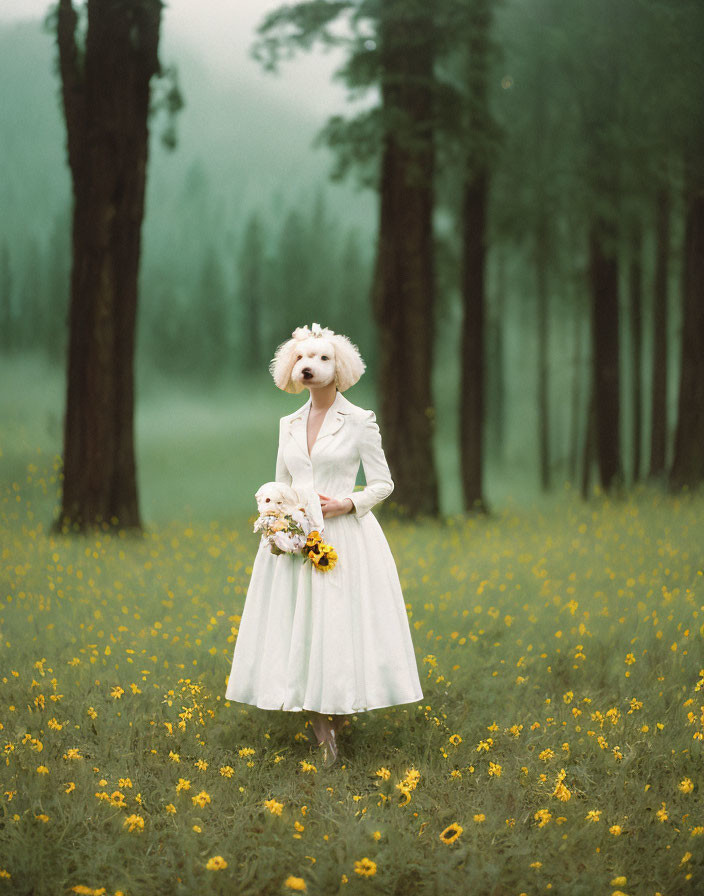 Poodle-headed person in white dress with bouquet in yellow flower field