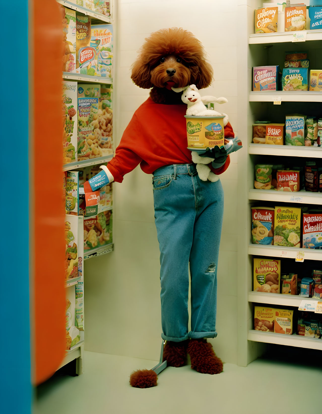 Poodle with human body in red sweater and jeans holds milk carton in grocery aisle