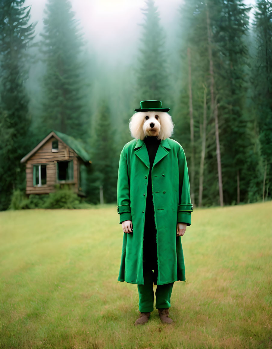 Green-coated person with oversized fluffy dog face in forest clearing by cabin