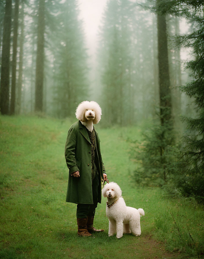 Person in green coat with brown boots and fluffy headpiece next to white poodle in misty,