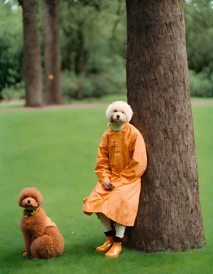 Person in yellow raincoat with flower mask and poodle in green park