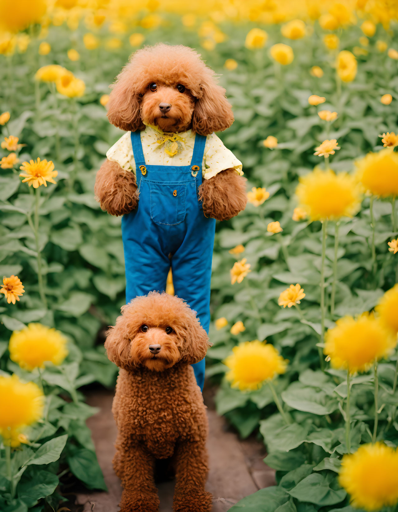 Brown poodle in yellow shirt and blue overalls in field with yellow flowers