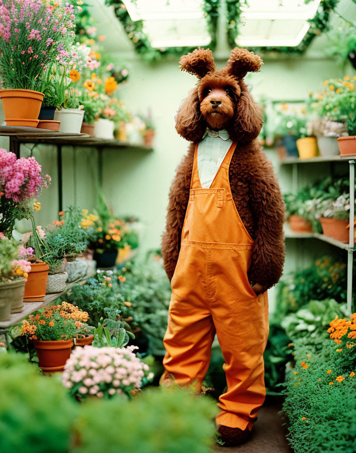 Brown Poodle in Orange Overalls Stands in Greenhouse with Colorful Flowers