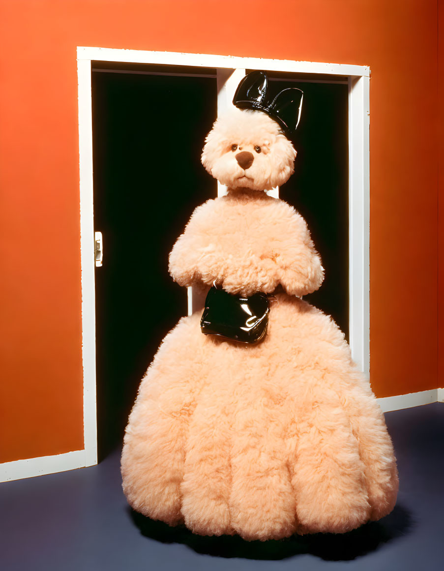 Pink Teddy Bear with Bow and Purse in Doorway with Orange Wall