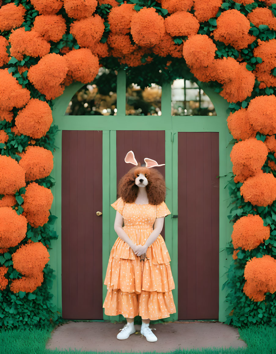 Yellow Polka Dot Dress and Dog Mask by Wooden Gate with Orange Flowers