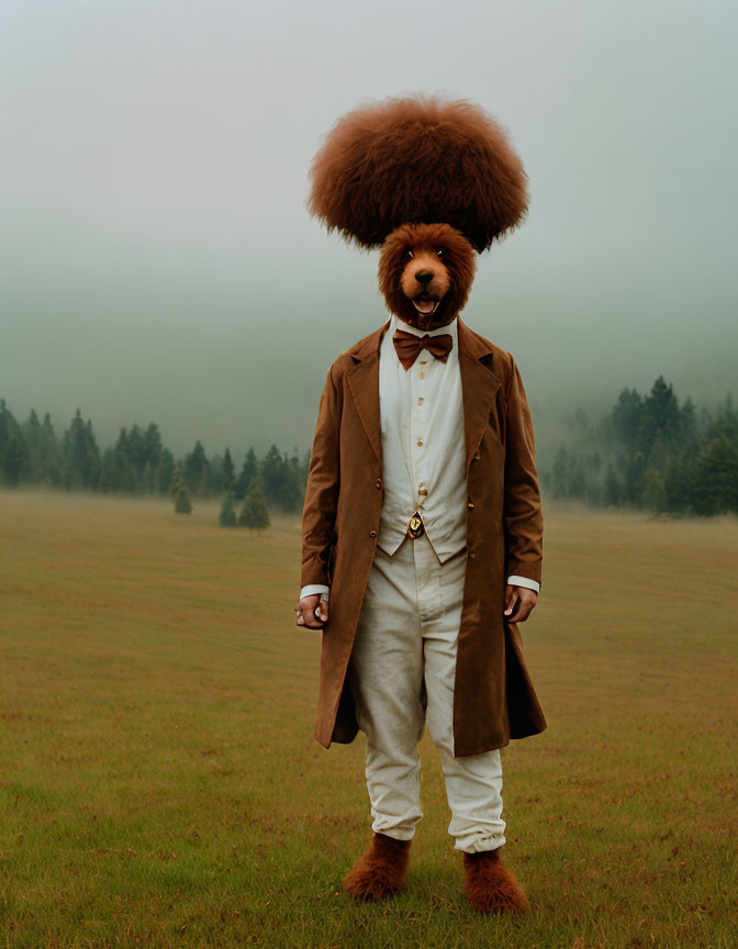 Person in Brown Suit with Poodle-Like Headpiece in Foggy Field