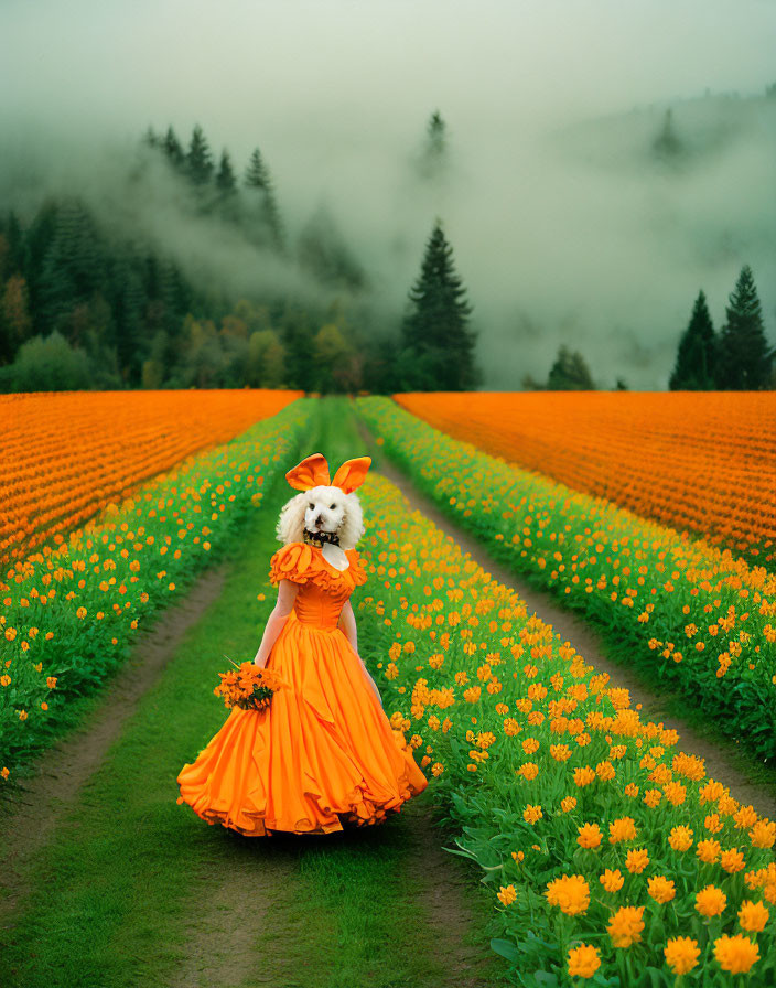 Person in Vibrant Orange Dress with Dog in Field of Yellow Flowers