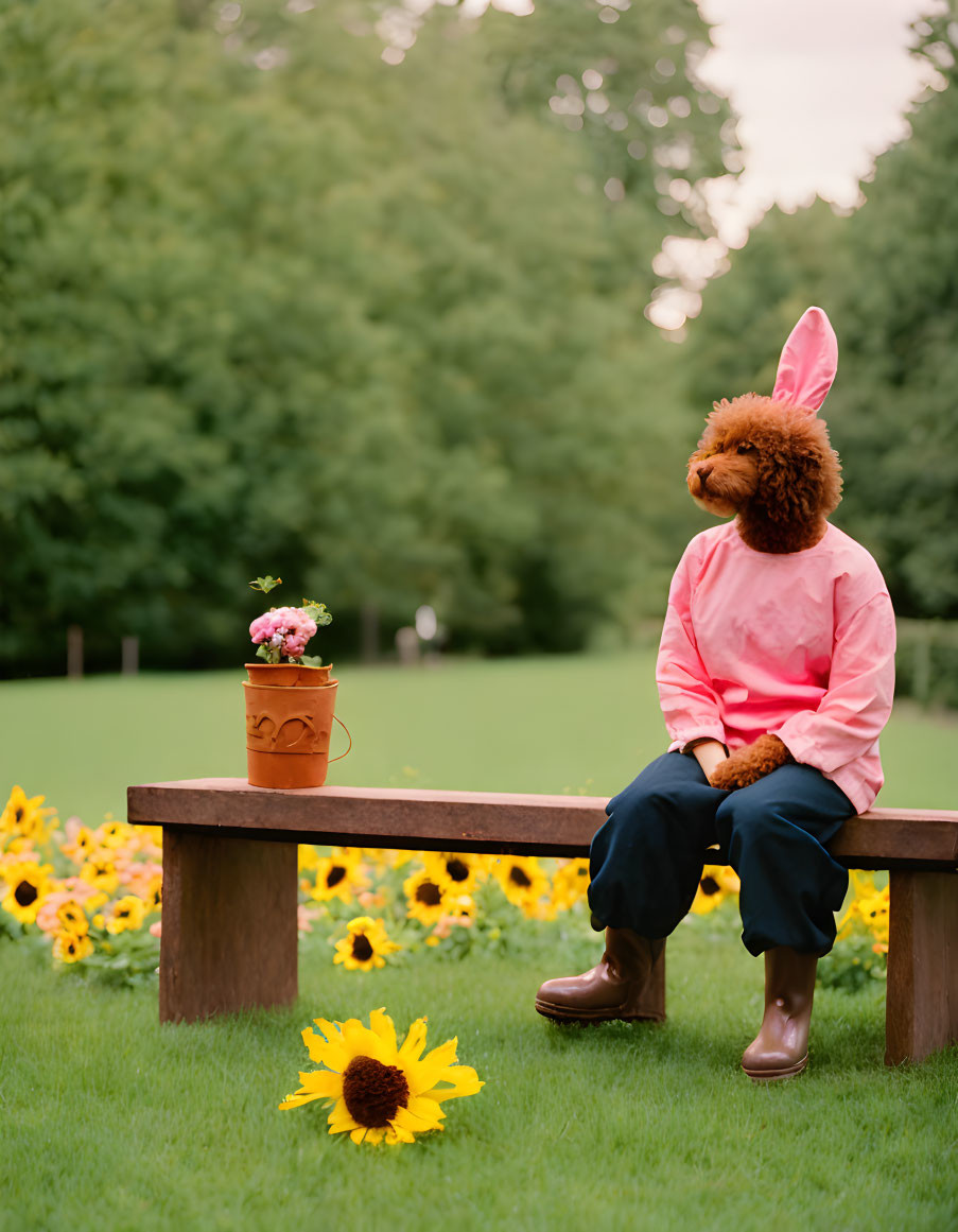 Person in rabbit mask on bench with sunflowers and park background