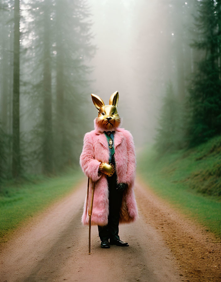 Person in Pink Faux Fur Coat with Golden Rabbit Mask in Foggy Forest