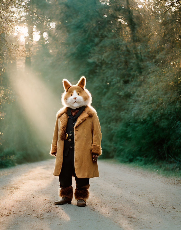 Person in Tan Overcoat and Fox Mask Standing on Forest Path