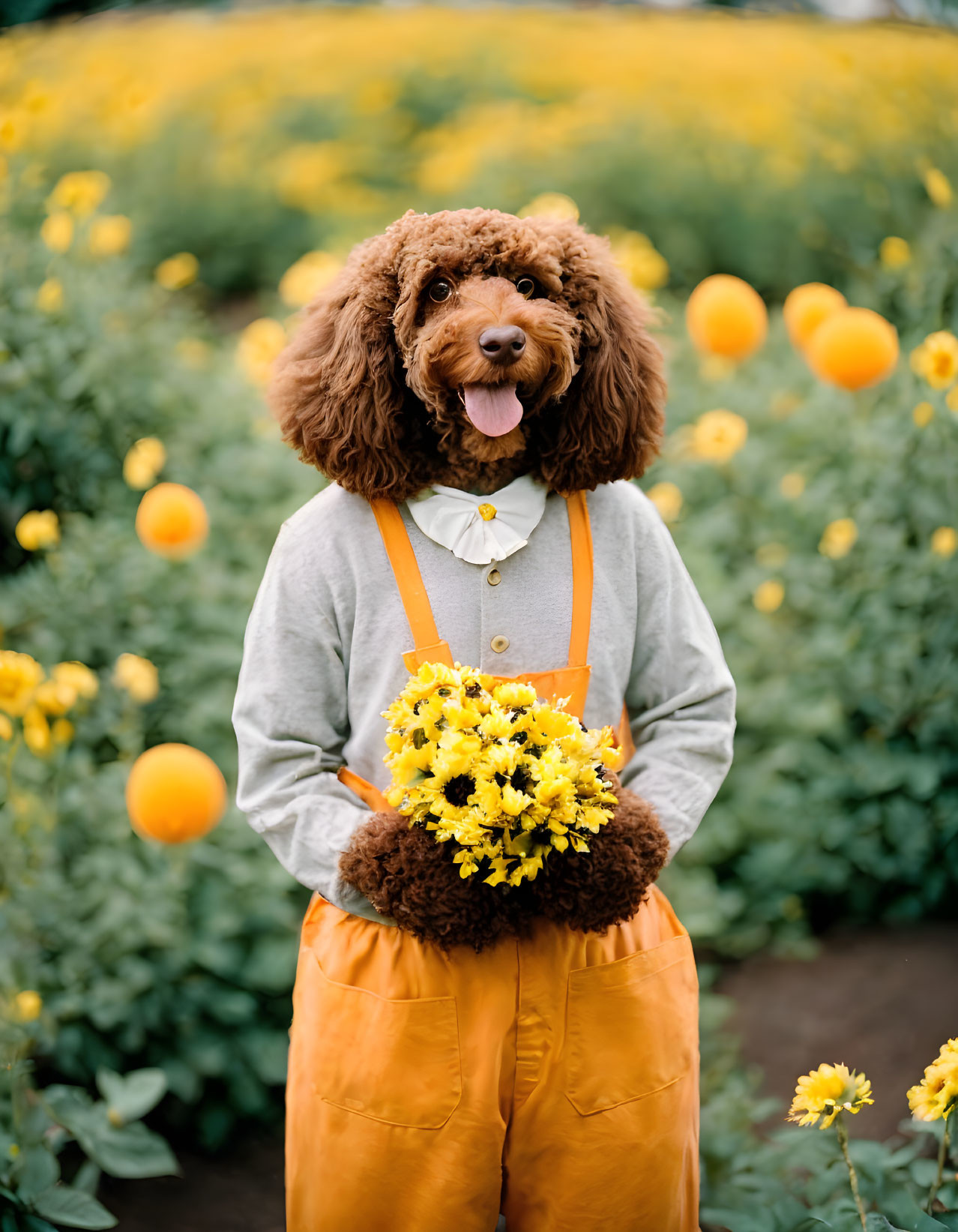 Brown Poodle in Yellow Pants Holding Flowers in Flower Field