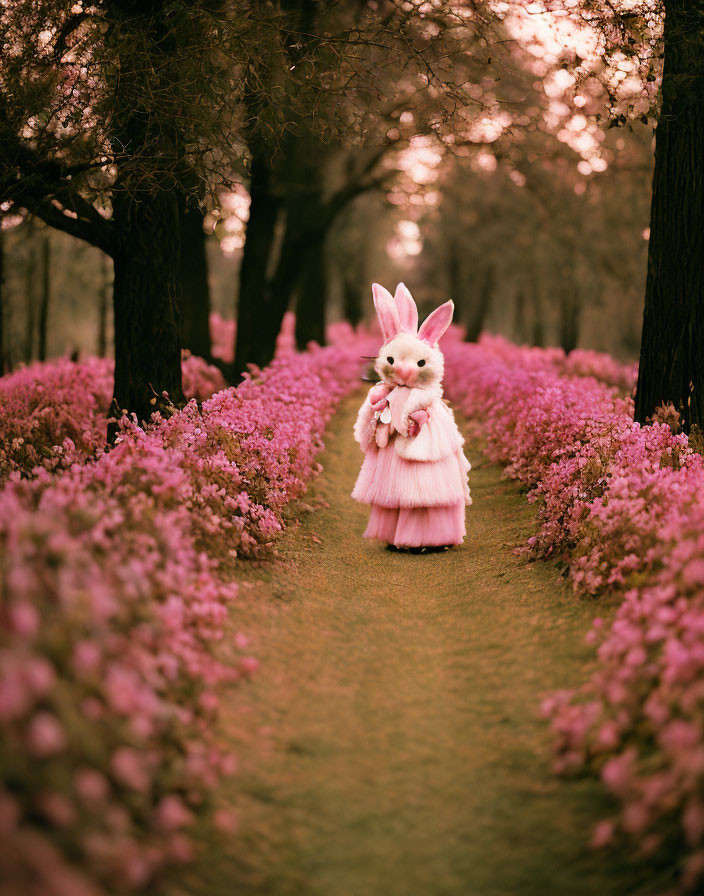 Person in Bunny Costume Surrounded by Purple Flowers and Trees