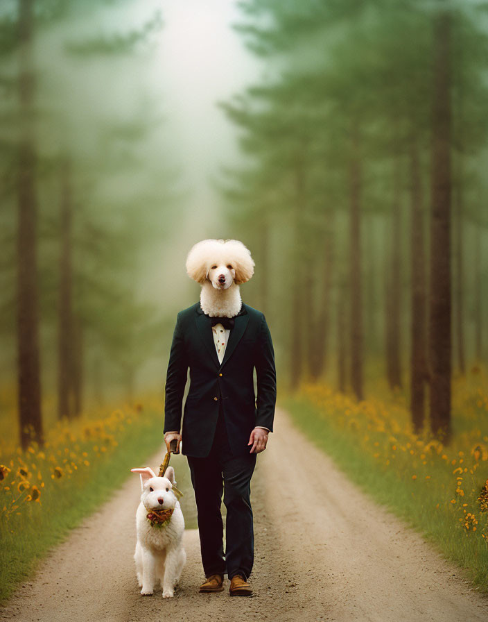 Dog with human body in suit walking small dog in misty forest with yellow flowers