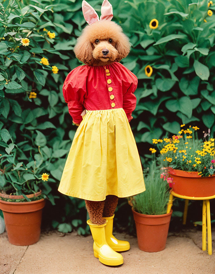 Brown Poodle Dog in Red Blouse and Yellow Skirt with Rabbit Ears Standing in Garden