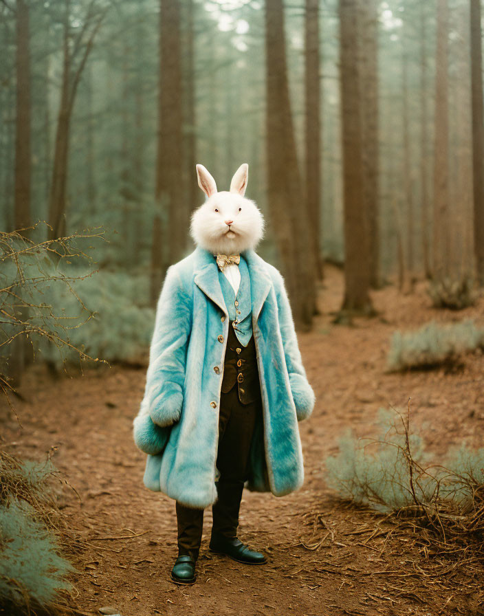 Person in Rabbit Mask Stands in Misty Forest in Blue Fur Coat