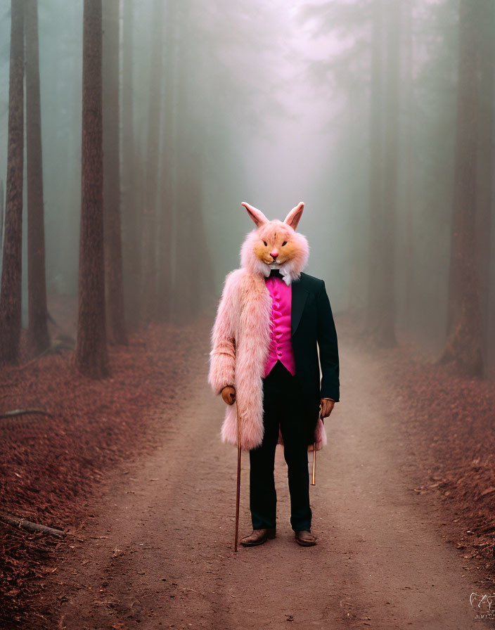 Person in Pink Suit with Fox Mask in Foggy Forest