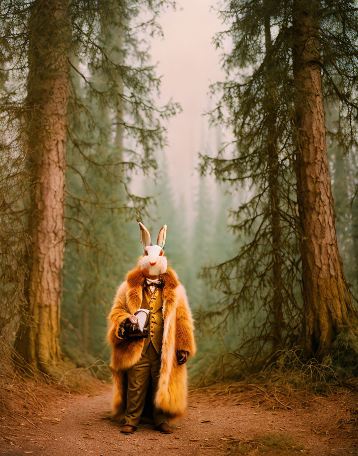 Person in Rabbit Costume with Trumpet in Foggy Forest Path