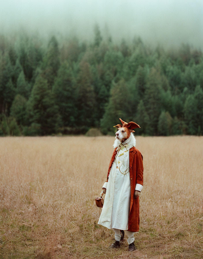 Dog in human outfit standing in field with forest backdrop