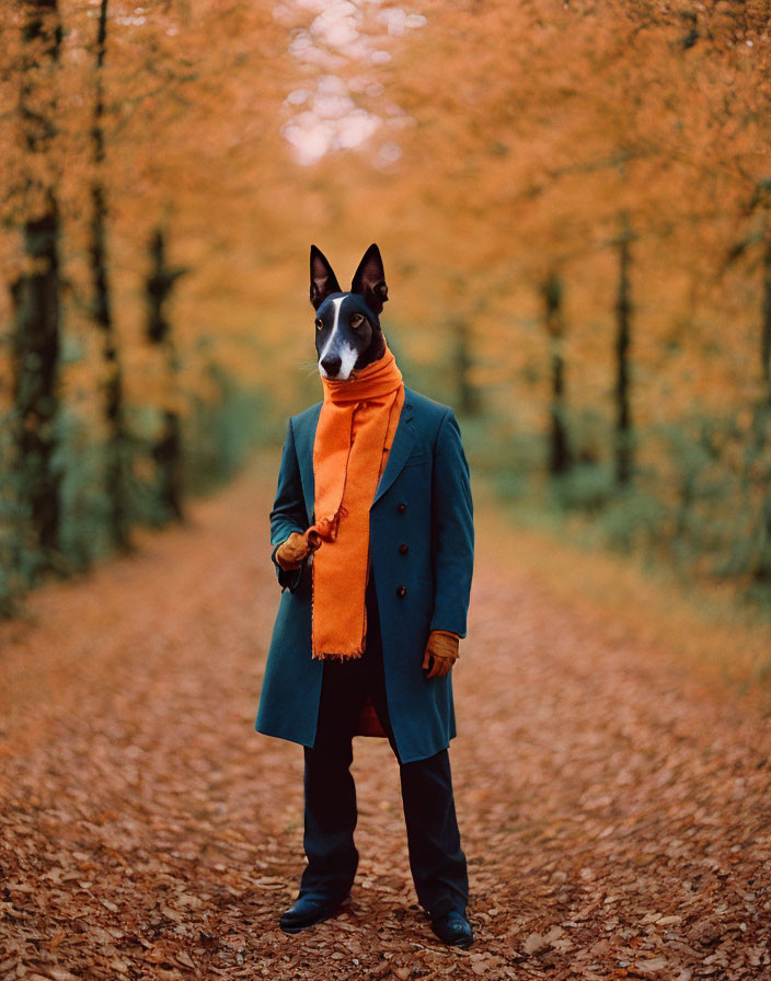 Dog-headed anthropomorphic figure in blue coat and orange scarf in autumn forest