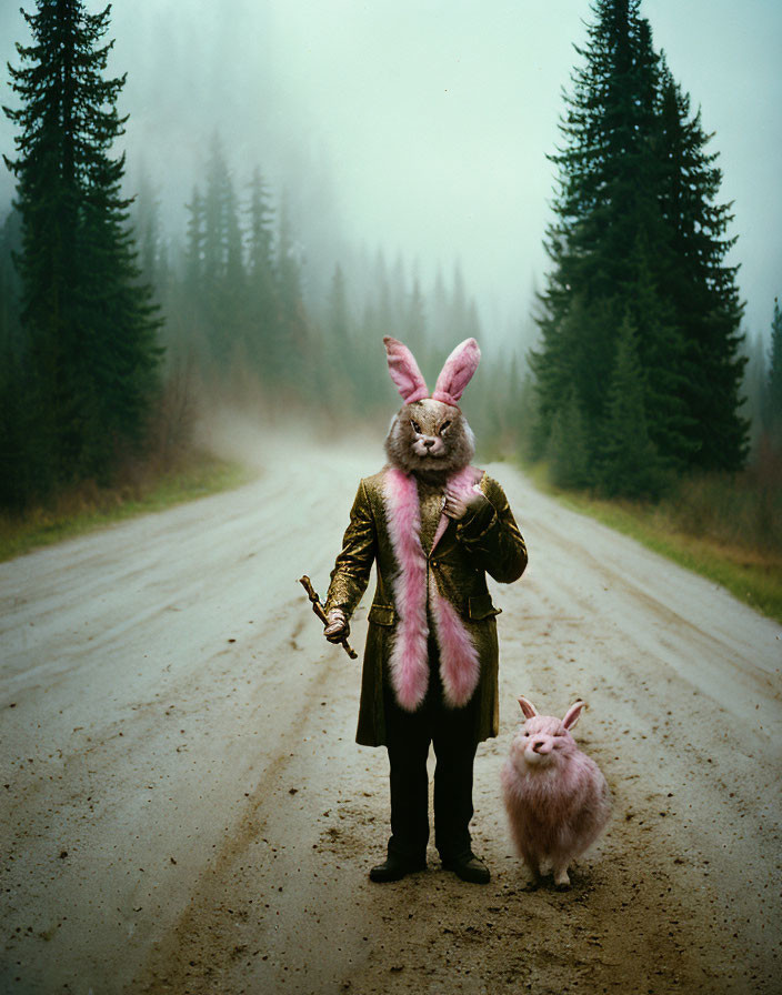 Person in Gold Jacket with Rabbit Head and Brass Instrument in Misty Forest