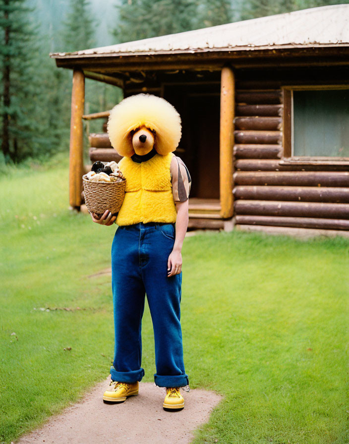 Whimsical bird costume person with large beak in front of log cabin