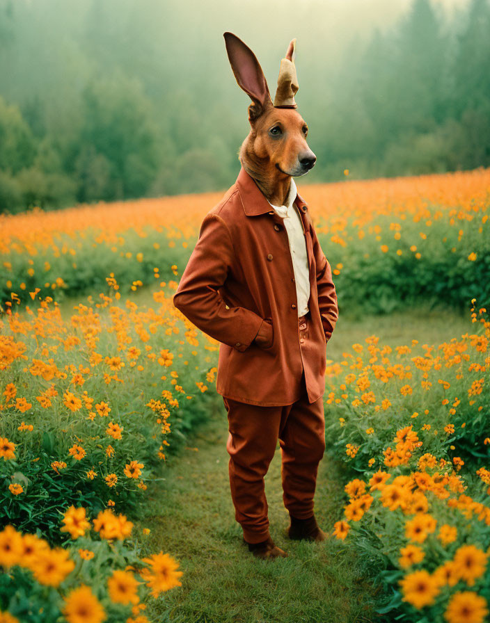 Dog-headed anthropomorphic figure in brown suit among yellow flowers