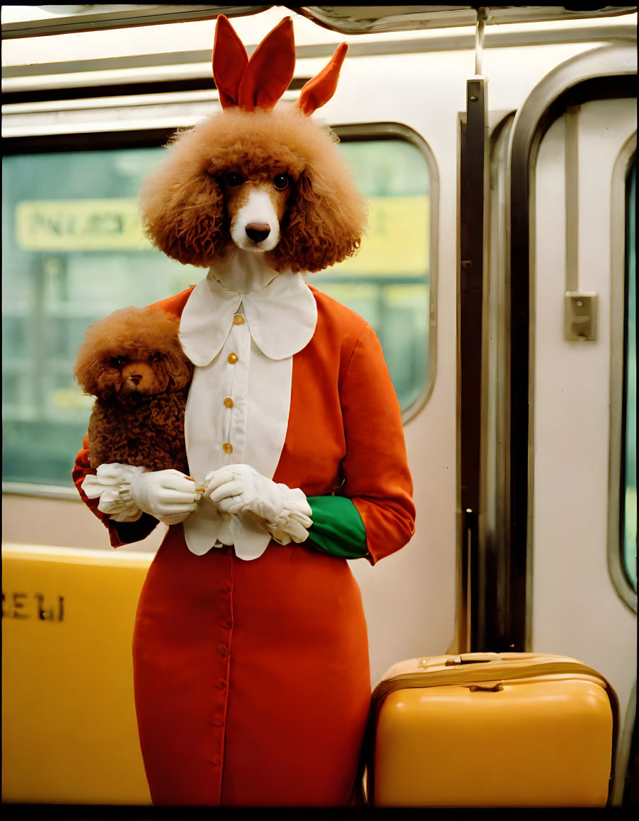 Whimsical costume person with dog-like head in train carriage with toy poodle