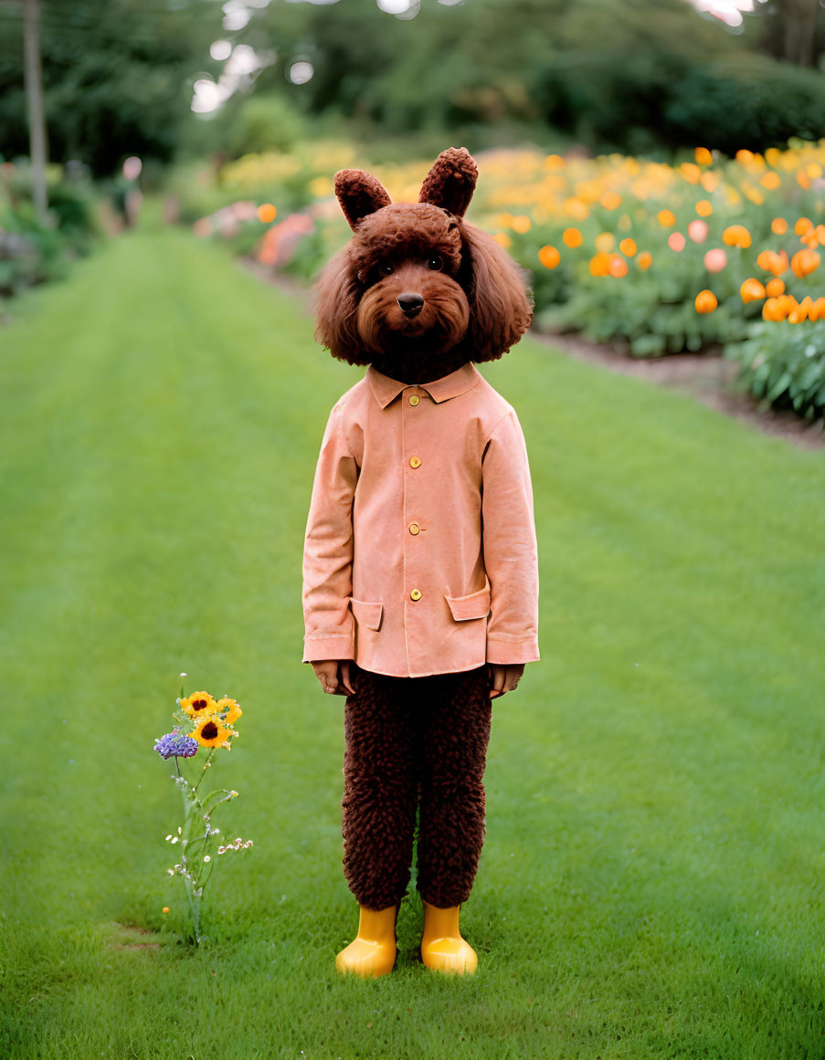 Person in Dog Costume with Brown Jacket and Yellow Boots on Grassy Path