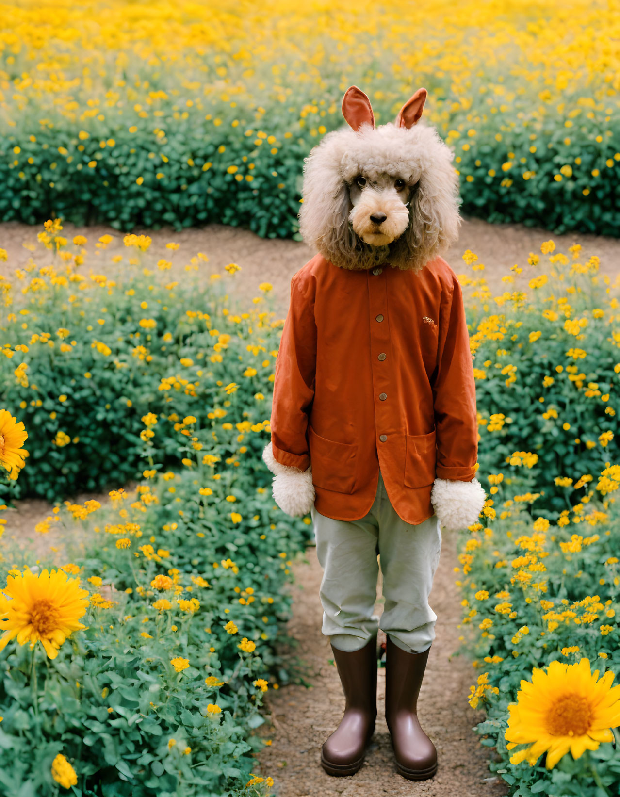 Person in poodle mask surrounded by sunflowers in autumn attire