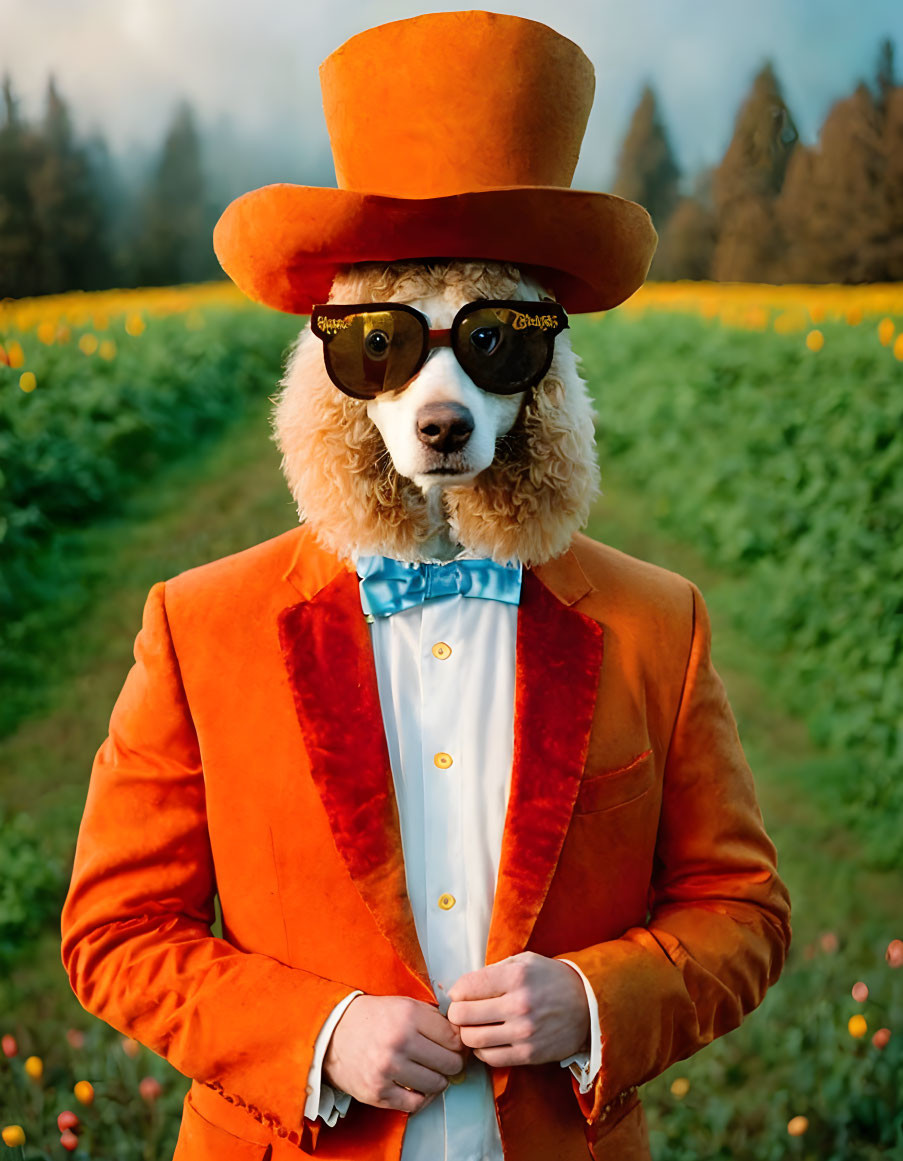 Stylish llama in orange suit and top hat in flower field