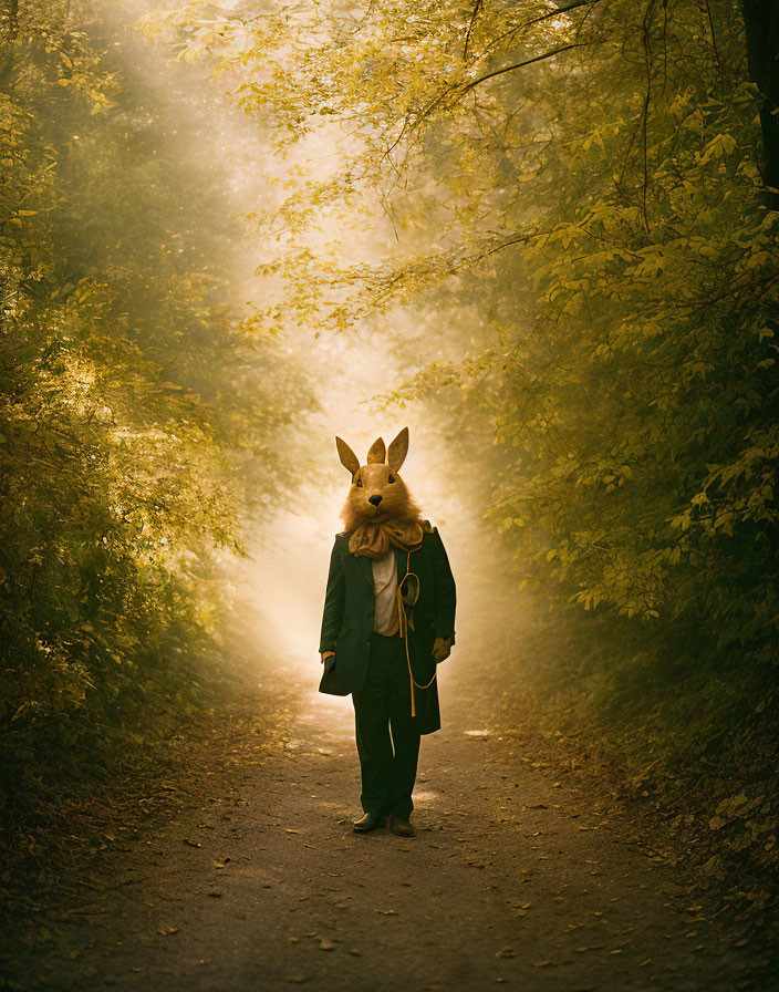 Person in Suit with Fox Mask Walking in Sunlit Misty Forest