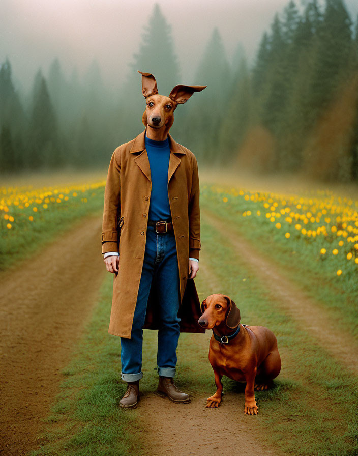 Human with dog's head in coat with dachshund on path in foggy setting