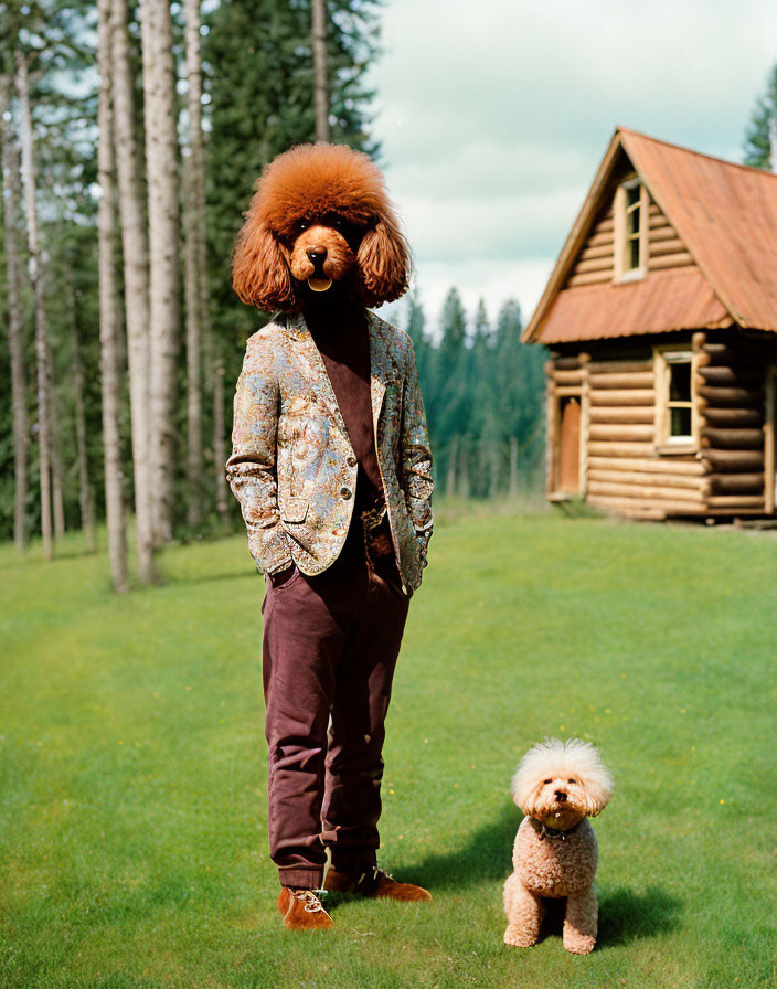 Human with poodle head beside small poodle in forest clearing with cabin