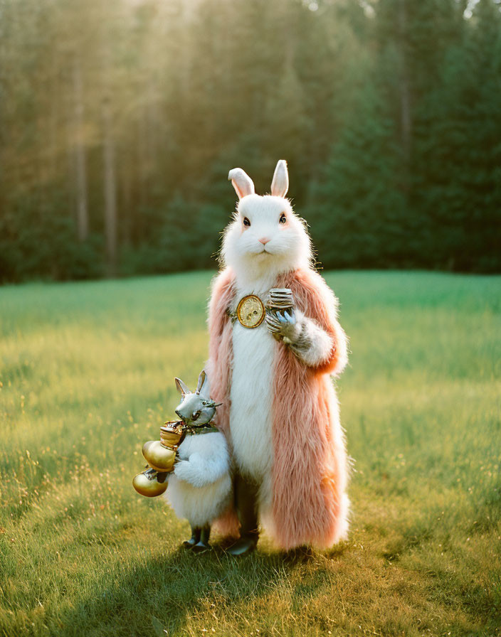 Two rabbits in pink coats with brass instruments in a field