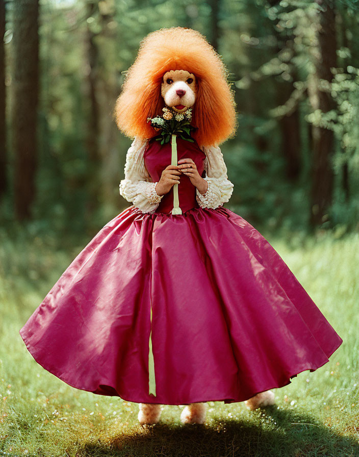 Poodle in lion's mane wig, pink dress, holding flower in forest.