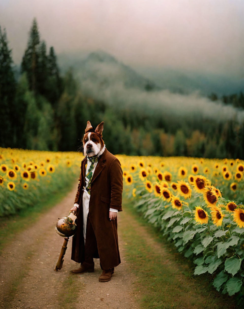 Dog in suit and tie with globe and walking stick in sunflower field