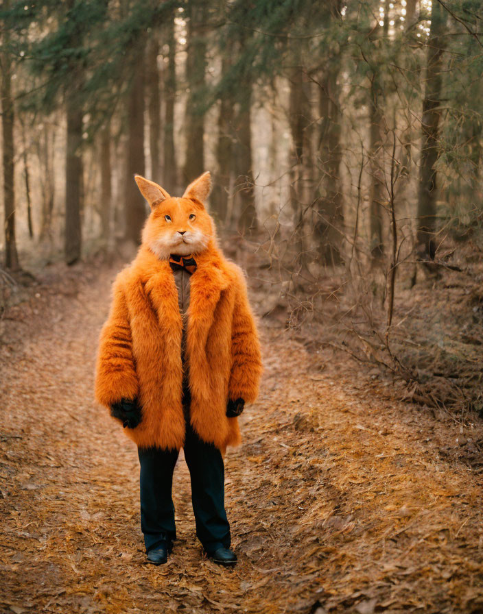 Elaborate Fox Costume on Forest Path with Fallen Leaves