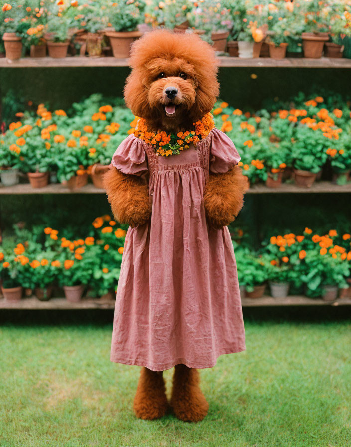 Brown Poodle in Maroon Dress with Orange Flower Garland