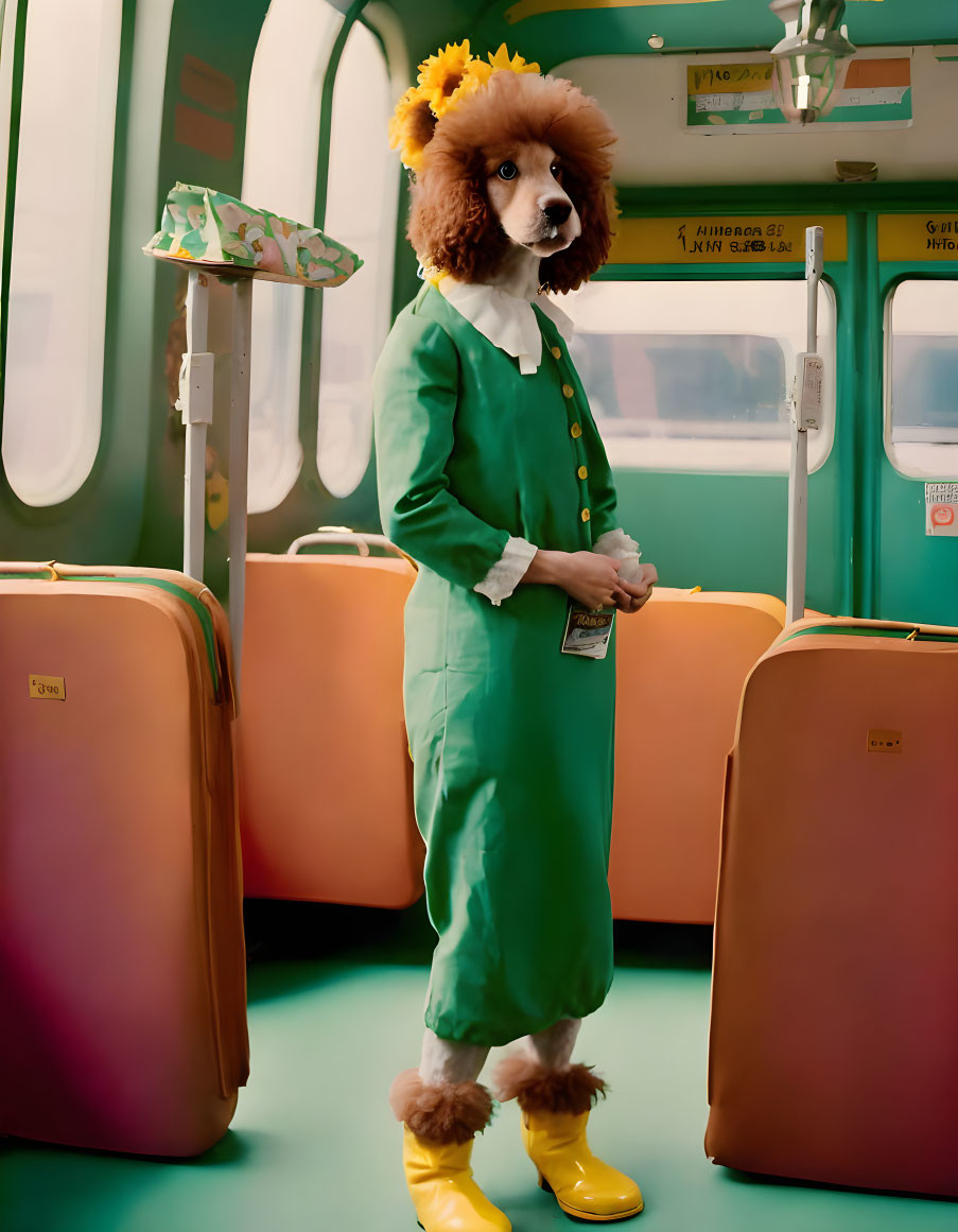 Person in green vintage dress and lion mask inside retro train carriage