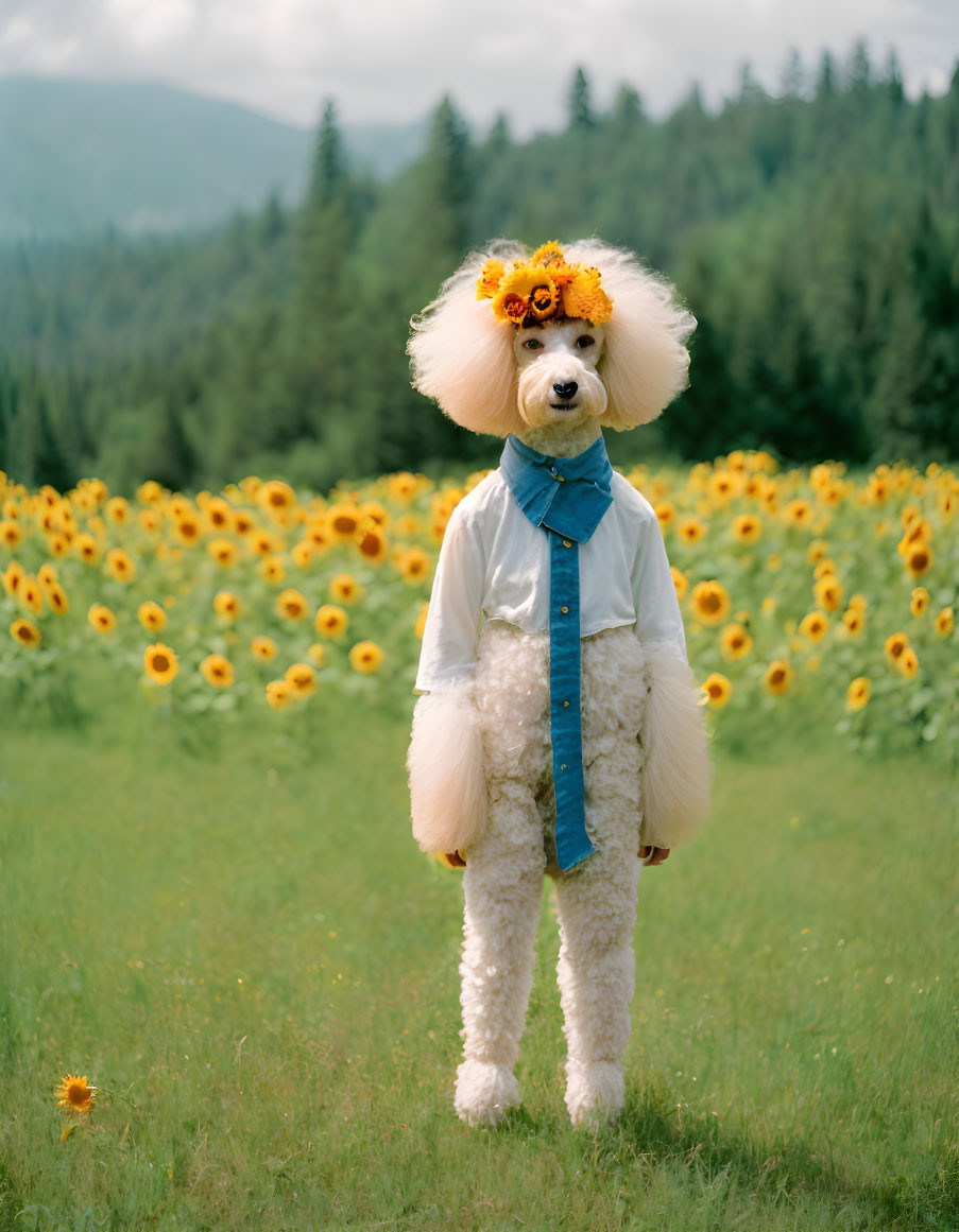 Fluffy white poodle with flowers and glasses in sunflower field