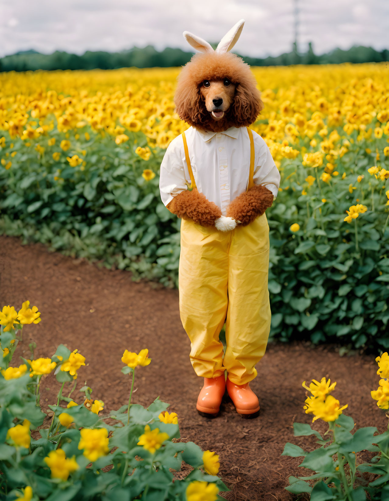 Person in Poodle Mask and Costume in Sunflower Field with Yellow Gloves