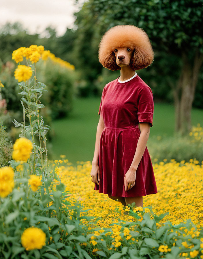 Red Poodle Face on Person in Maroon Dress Among Yellow Flowers