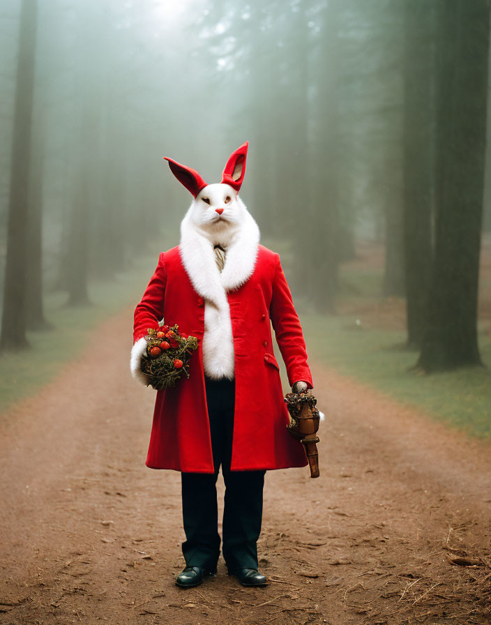 Person in Rabbit Mask with Red Coat Holding Bouquet in Foggy Forest