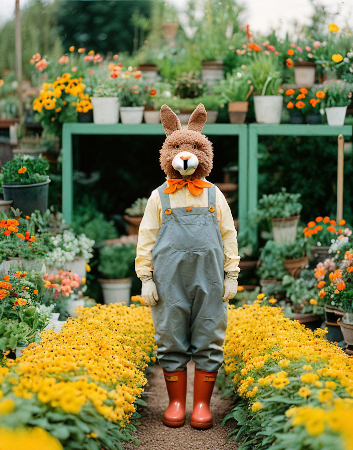 Person in Overalls and Rabbit Mask Surrounded by Yellow Flowers and Potted Plants