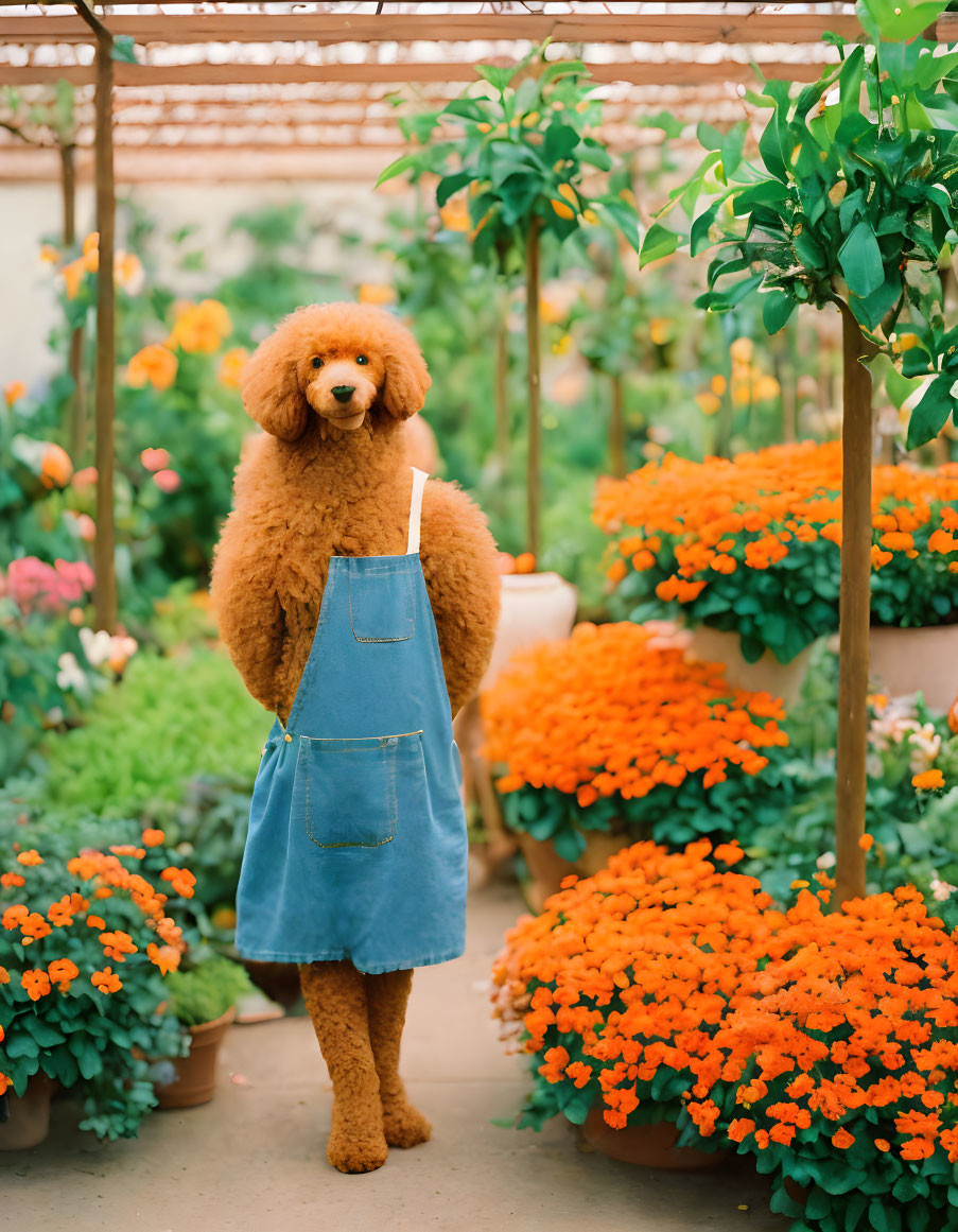 Brown Poodle in Blue Apron Surrounded by Orange Flowers