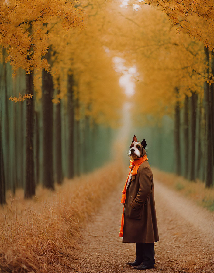 Person in Dog Head Mask Standing Under Autumn Trees