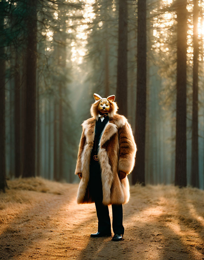 Person in Fox Mask and Fur Coat on Forest Path with Sunrays