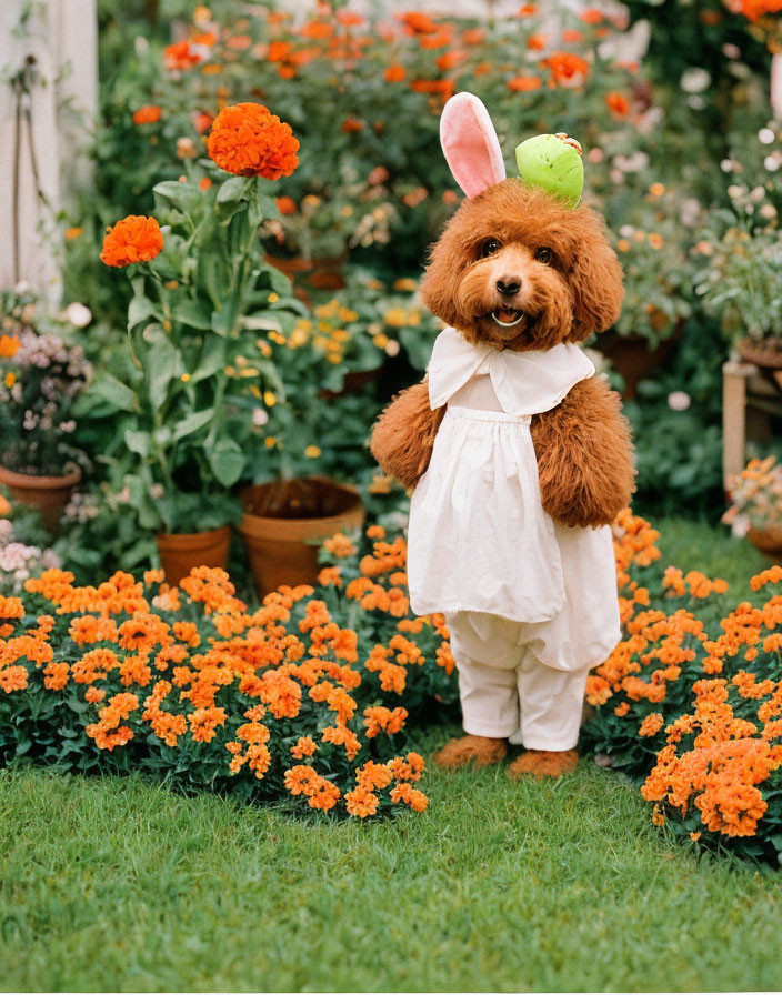 Fluffy Dog in Bunny Costume Surrounded by Orange Marigolds